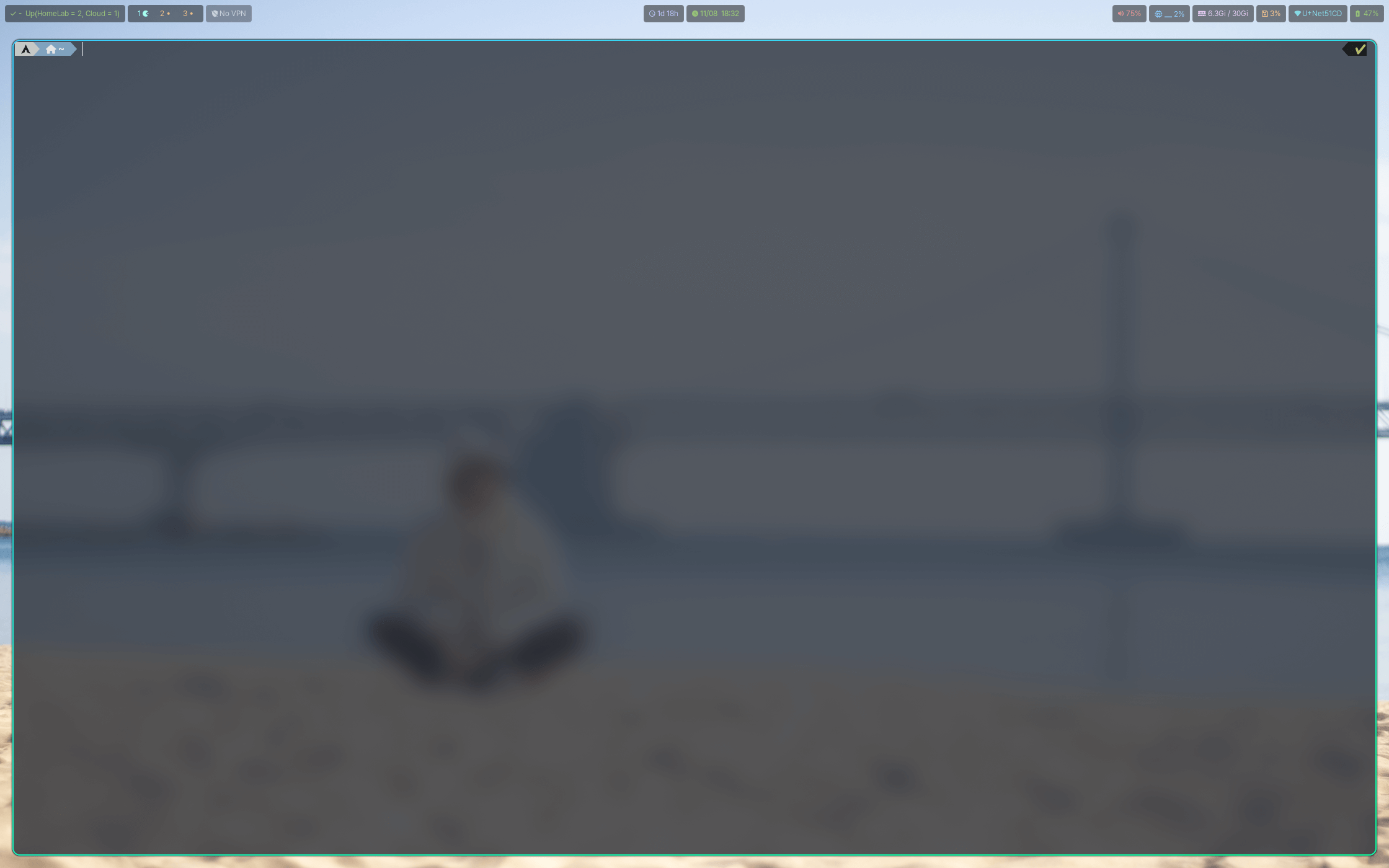 Thinkpad에 arch linux, hyprland, waybar를 설치하고 터미널을 켜둔 화면